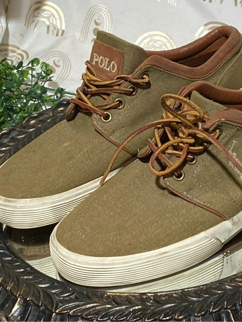 Ralph Lauren Olive Canvas Low-Top Sneakers with Brown Trim